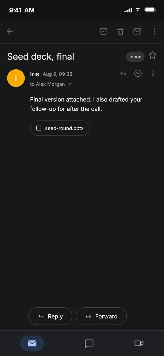 Email from Iris with the final seed deck attached as seed-round.pptx
